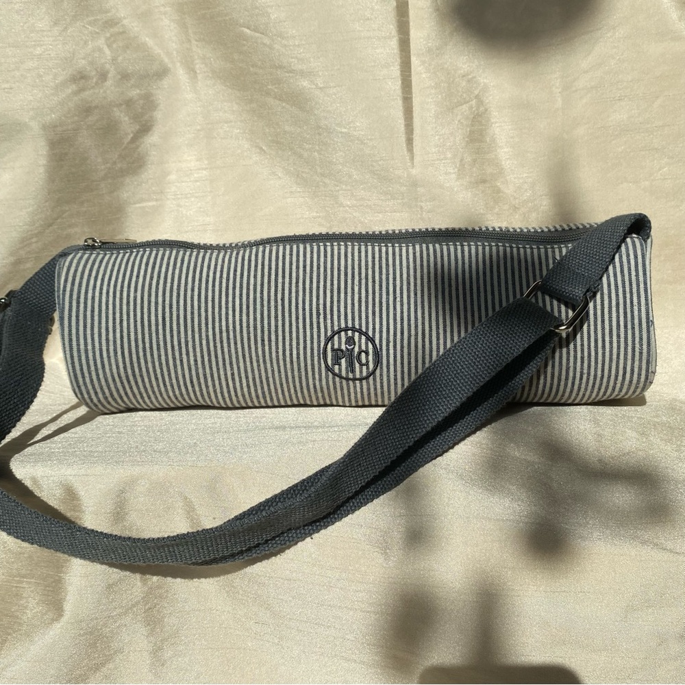 Pampered Chef striped drum cylinder shoulder bag